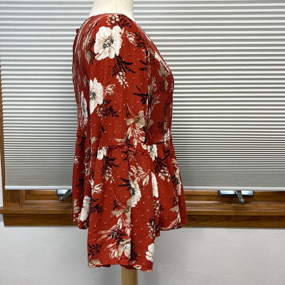 2X // Torrid Red Terracotta Floral Crinkled  Gauze Midi Babydoll Top - Picture 6 of 13
